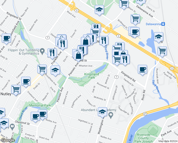 map of restaurants, bars, coffee shops, grocery stores, and more near 93 Lakeside Drive in Nutley