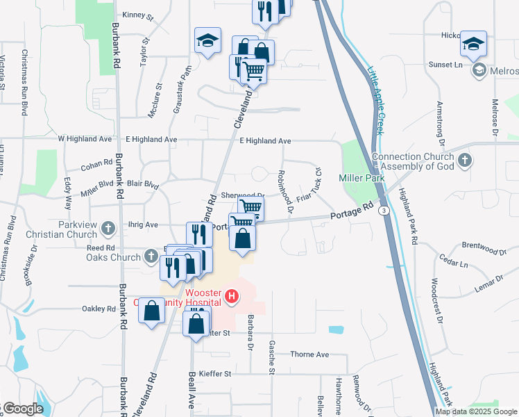 map of restaurants, bars, coffee shops, grocery stores, and more near 734 Portage Road in Wooster