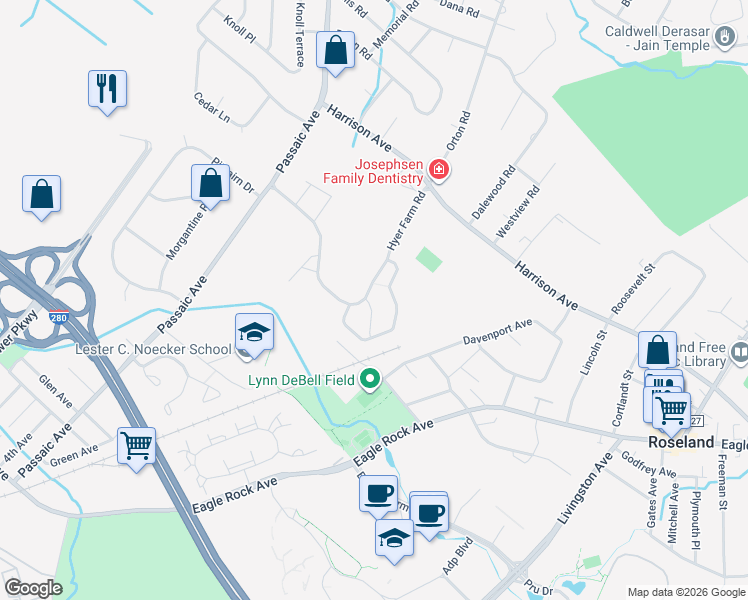 map of restaurants, bars, coffee shops, grocery stores, and more near 5 Cheryl Lane in Roseland
