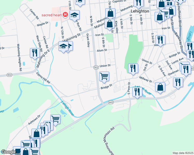 map of restaurants, bars, coffee shops, grocery stores, and more near 464 S 9th St in Lehighton