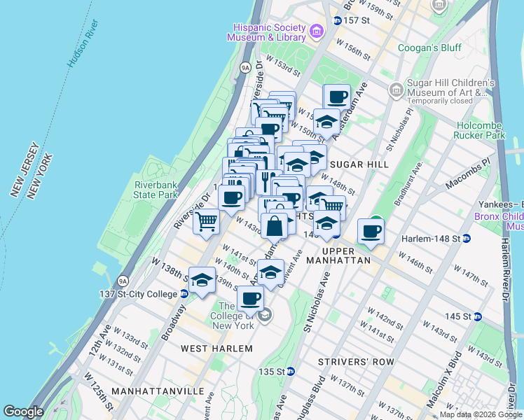 map of restaurants, bars, coffee shops, grocery stores, and more near 541 West 144th Street in New York