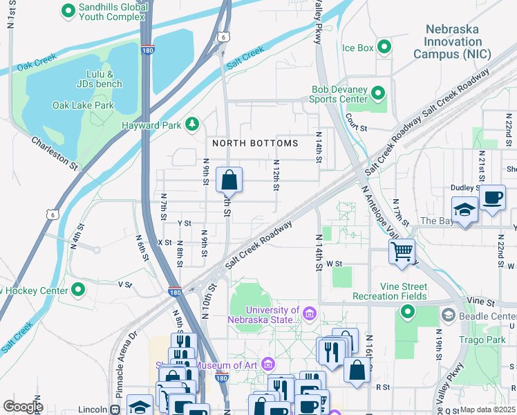 map of restaurants, bars, coffee shops, grocery stores, and more near 1119 Charleston St in Lincoln