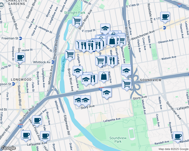 map of restaurants, bars, coffee shops, grocery stores, and more near 1080 Wheeler Avenue in Bronx
