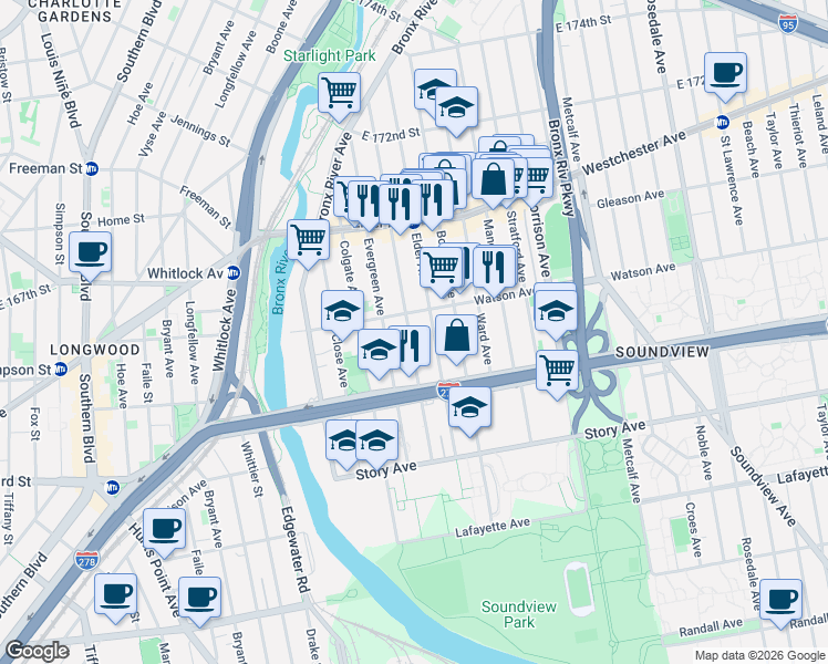 map of restaurants, bars, coffee shops, grocery stores, and more near 1067 Wheeler Avenue in Bronx