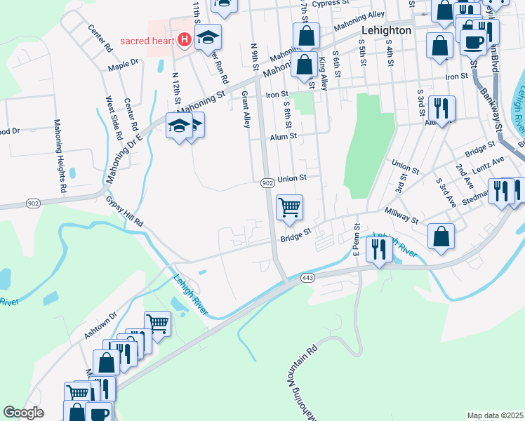 map of restaurants, bars, coffee shops, grocery stores, and more near 464 S 9th St in Lehighton