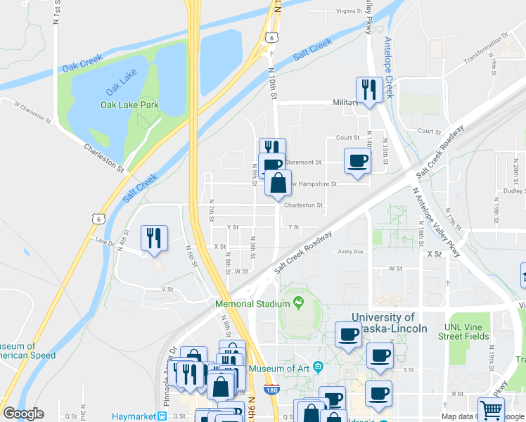 map of restaurants, bars, coffee shops, grocery stores, and more near 917 Charleston Street in Lincoln