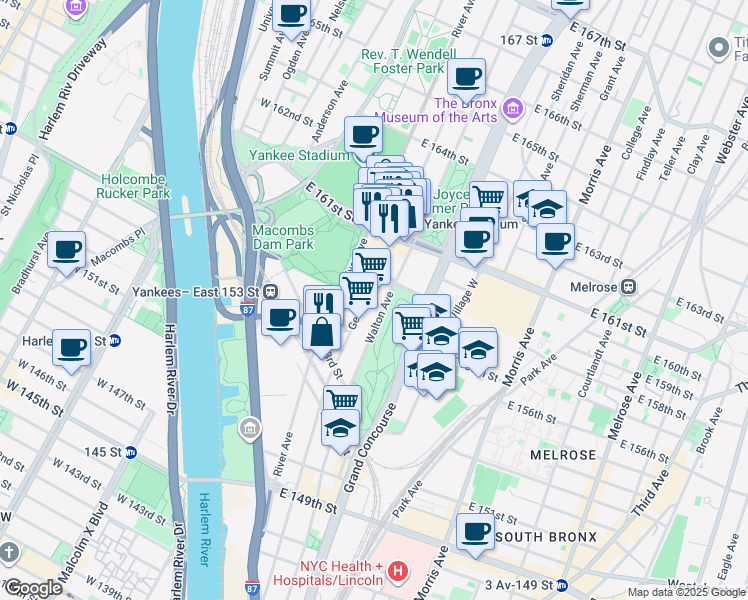 map of restaurants, bars, coffee shops, grocery stores, and more near 129 East 157th Street in The Bronx
