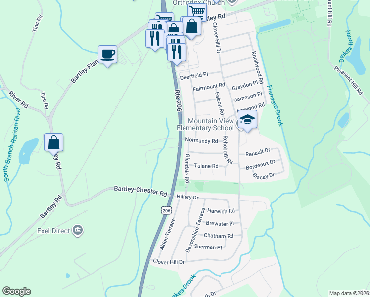map of restaurants, bars, coffee shops, grocery stores, and more near 32 Glendale Road in Mount Olive