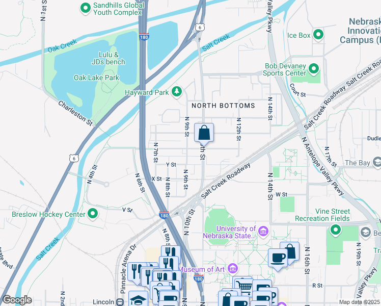 map of restaurants, bars, coffee shops, grocery stores, and more near 915 Charleston St in Lincoln