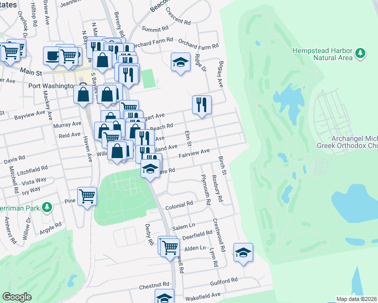 map of restaurants, bars, coffee shops, grocery stores, and more near 111 Elm Street in Port Washington