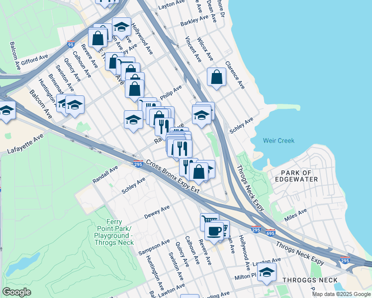 map of restaurants, bars, coffee shops, grocery stores, and more near 620 Edison Avenue in Bronx