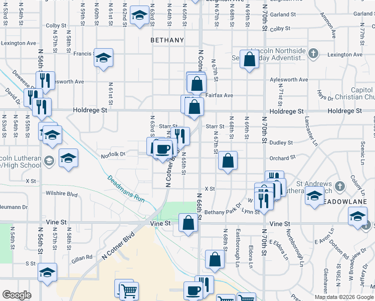map of restaurants, bars, coffee shops, grocery stores, and more near 1224 North 65th Street in Lincoln