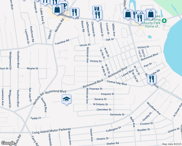 map of restaurants, bars, coffee shops, grocery stores, and more near 174 Mohawk Street in Ronkonkoma
