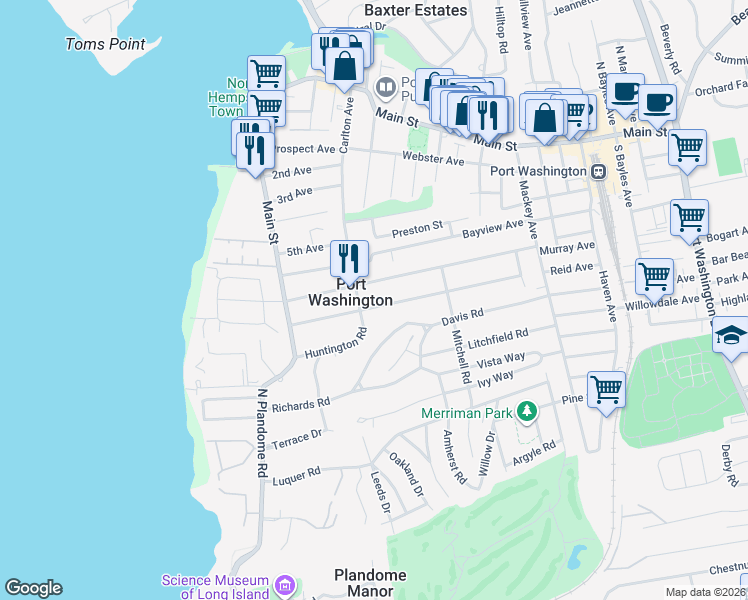 map of restaurants, bars, coffee shops, grocery stores, and more near 47 Reid Avenue in Port Washington