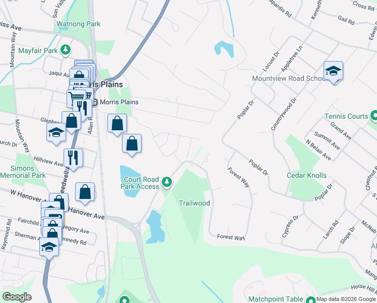 map of restaurants, bars, coffee shops, grocery stores, and more near 16 Kelsch Drive in Morris Plains