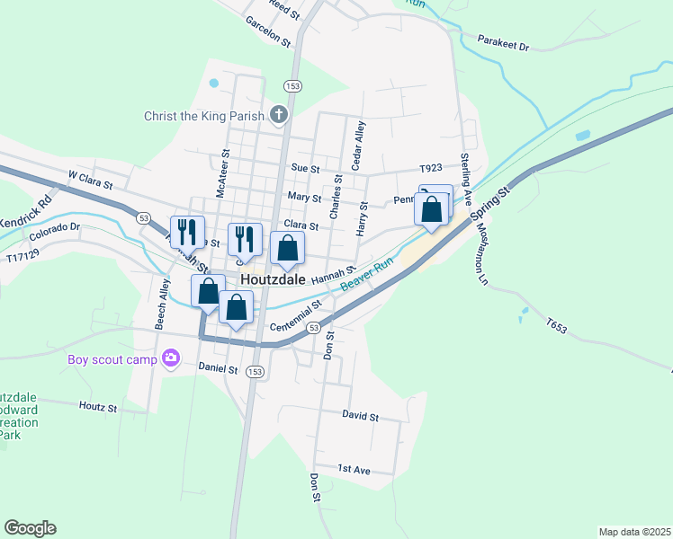 map of restaurants, bars, coffee shops, grocery stores, and more near 416 Hannah Street in Houtzdale