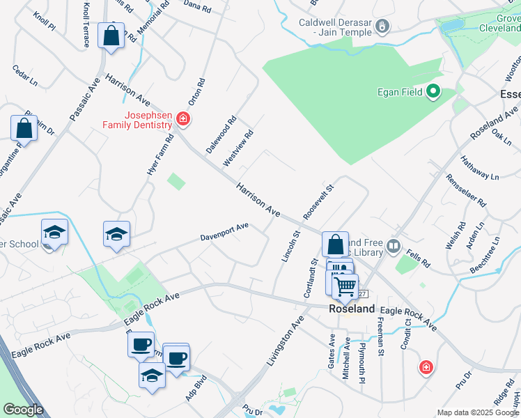map of restaurants, bars, coffee shops, grocery stores, and more near 120 Harrison Avenue in Roseland