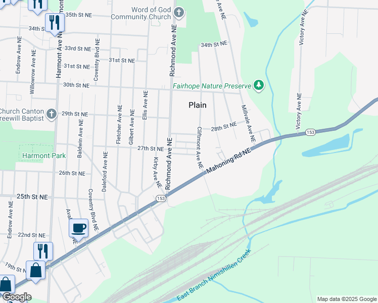 map of restaurants, bars, coffee shops, grocery stores, and more near 4123 27th Terrace Northeast in Canton
