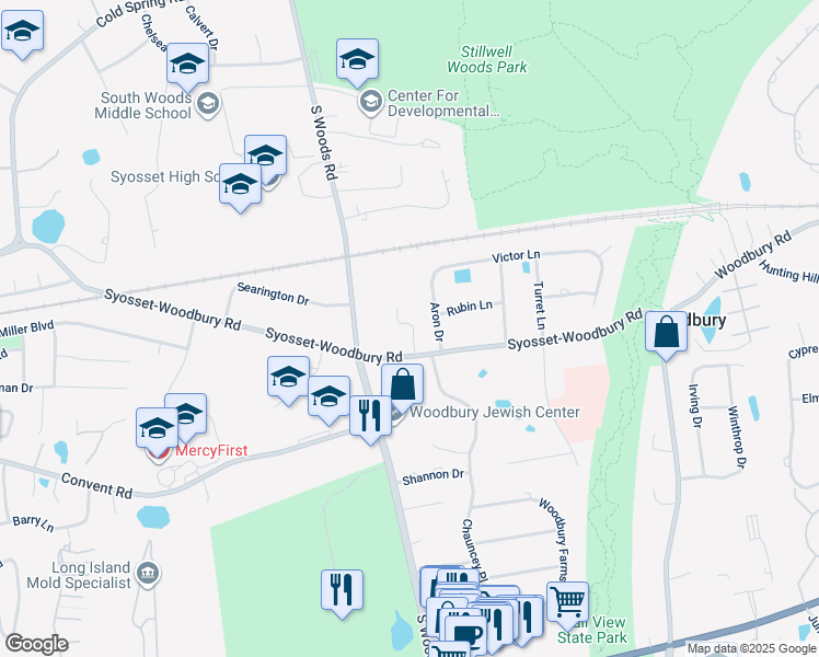 map of restaurants, bars, coffee shops, grocery stores, and more near 281 Syosset-Woodbury Road in Woodbury