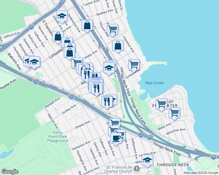 map of restaurants, bars, coffee shops, grocery stores, and more near 3011 Schley Avenue in The Bronx