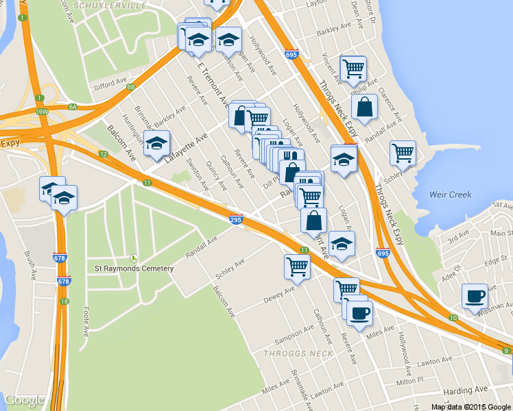map of restaurants, bars, coffee shops, grocery stores, and more near in The Bronx