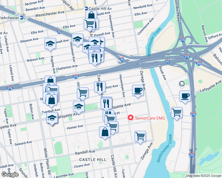map of restaurants, bars, coffee shops, grocery stores, and more near 2242 Story Avenue in Bronx