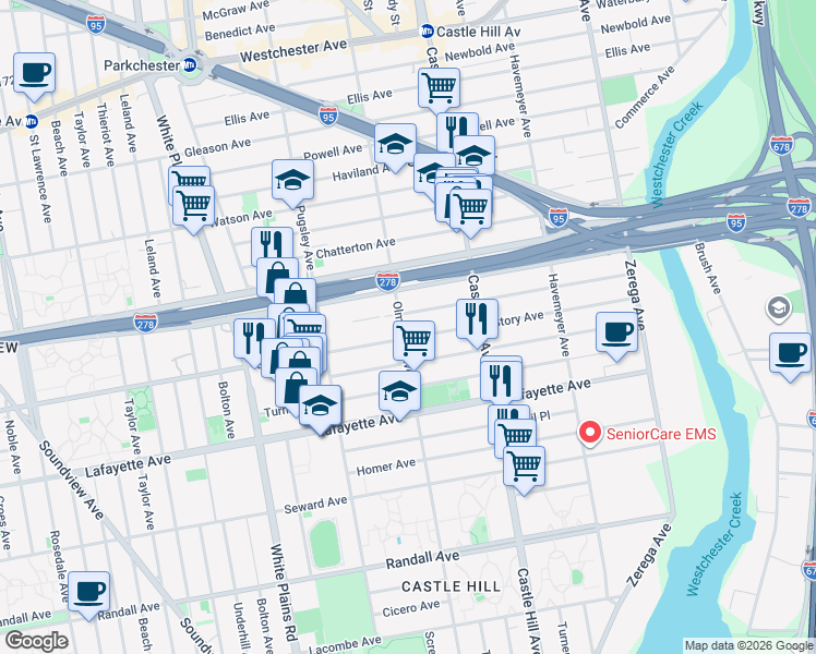 map of restaurants, bars, coffee shops, grocery stores, and more near 920 Olmstead Avenue in Bronx