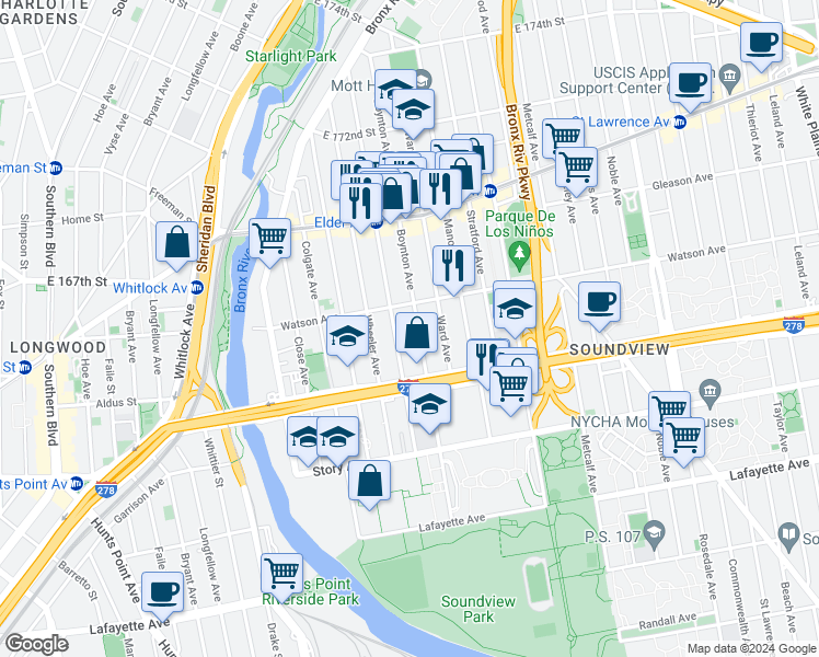 map of restaurants, bars, coffee shops, grocery stores, and more near 1050 Elder Avenue in Bronx