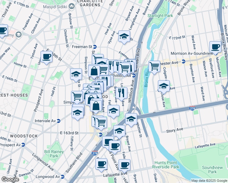 map of restaurants, bars, coffee shops, grocery stores, and more near 1074 Bryant Avenue in Bronx