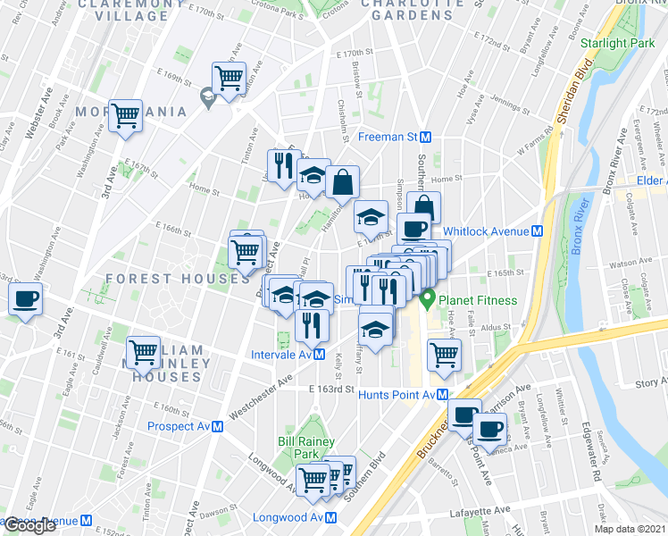 map of restaurants, bars, coffee shops, grocery stores, and more near 1075 Kelly Street in Bronx