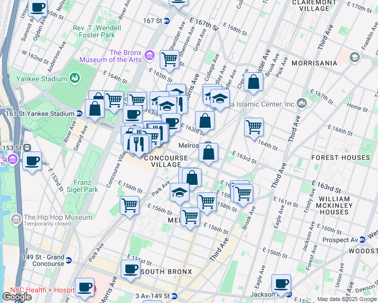 map of restaurants, bars, coffee shops, grocery stores, and more near 305 East 161 Street in Bronx