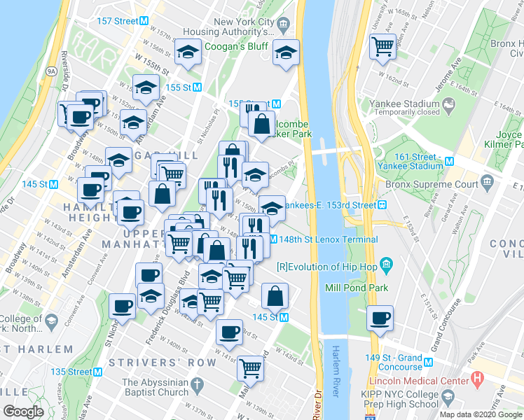 map of restaurants, bars, coffee shops, grocery stores, and more near 279 West 150th Street in New York