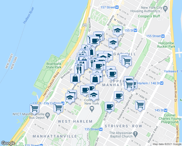 map of restaurants, bars, coffee shops, grocery stores, and more near 557 West 144th Street in New York