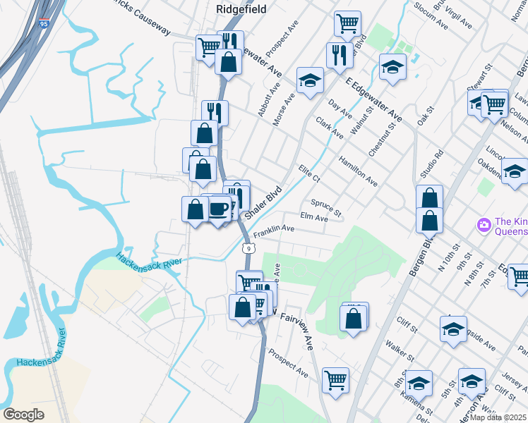 map of restaurants, bars, coffee shops, grocery stores, and more near 43 Elm Avenue in Fairview