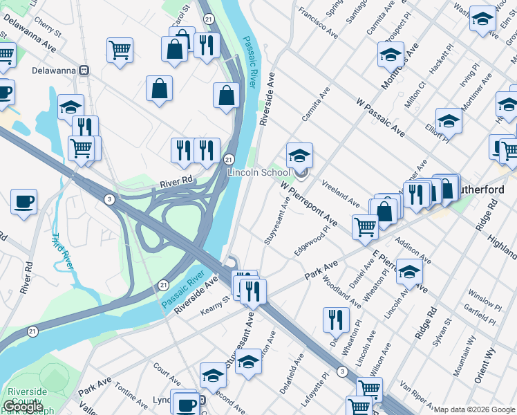 map of restaurants, bars, coffee shops, grocery stores, and more near 491 Riverside Avenue in Rutherford