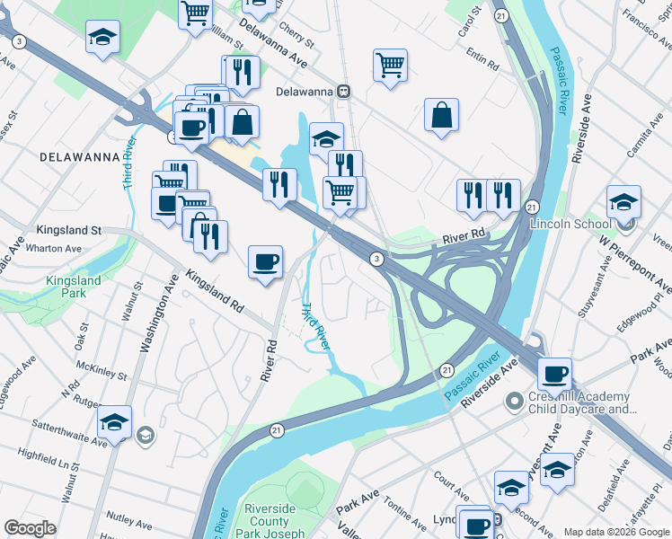 map of restaurants, bars, coffee shops, grocery stores, and more near 104 Riverwalk Way in Clifton