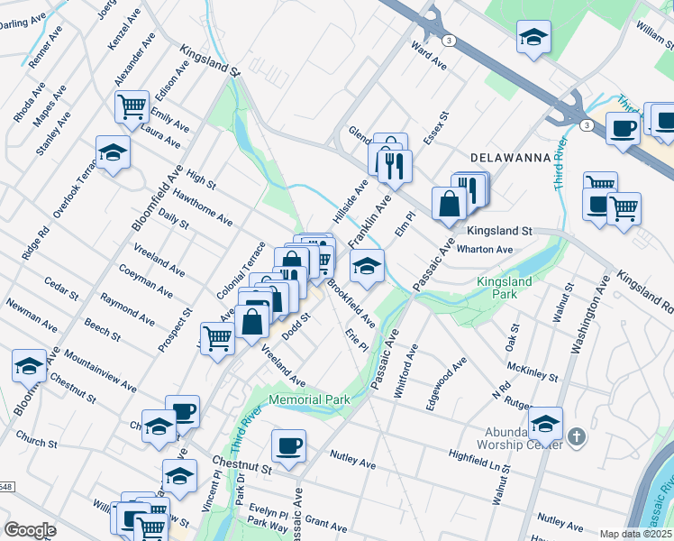 map of restaurants, bars, coffee shops, grocery stores, and more near 588 Franklin Avenue in Nutley