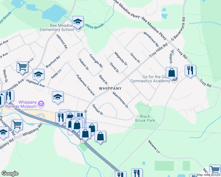 map of restaurants, bars, coffee shops, grocery stores, and more near Parker Lane in Hanover