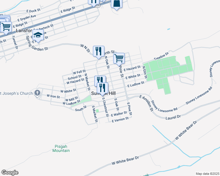 map of restaurants, bars, coffee shops, grocery stores, and more near 42 East Ludlow Street in Summit Hill