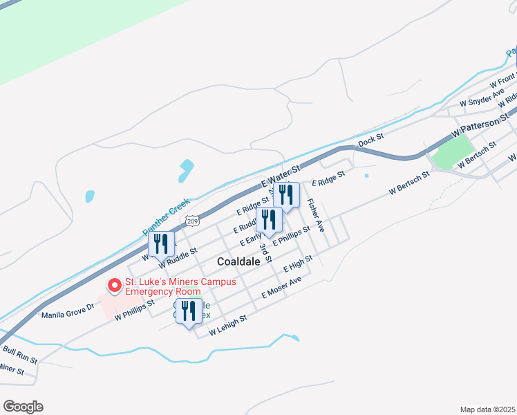 map of restaurants, bars, coffee shops, grocery stores, and more near 111 East Ridge Street in Coaldale