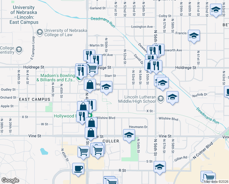 map of restaurants, bars, coffee shops, grocery stores, and more near 5083 Orchard Street in Lincoln