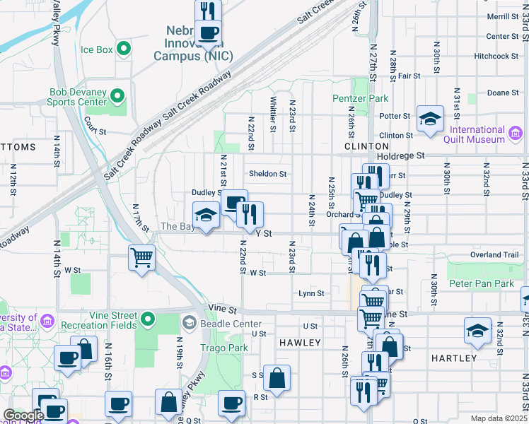 map of restaurants, bars, coffee shops, grocery stores, and more near 2232 Orchard Street in Lincoln