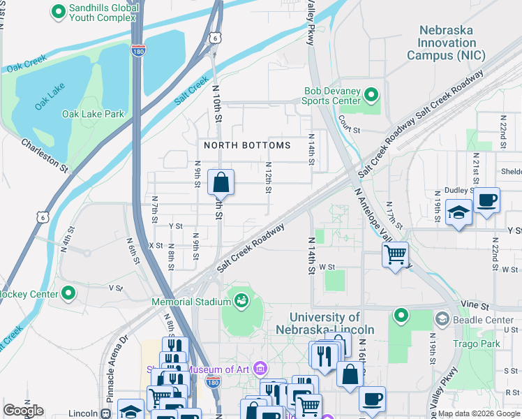 map of restaurants, bars, coffee shops, grocery stores, and more near 1119 Charleston Street in Lincoln