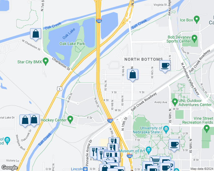 map of restaurants, bars, coffee shops, grocery stores, and more near 1127 North 7th Street in Lincoln