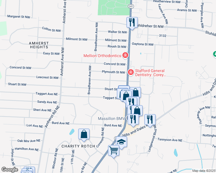 map of restaurants, bars, coffee shops, grocery stores, and more near 1274 Stuart Street Northwest in Massillon