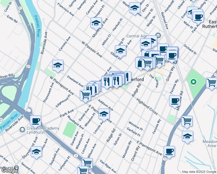 map of restaurants, bars, coffee shops, grocery stores, and more near 12 West Park Place in Rutherford