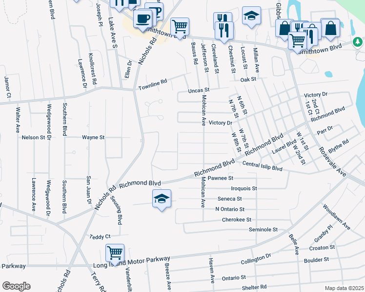 map of restaurants, bars, coffee shops, grocery stores, and more near 108 Mohawk Street in Ronkonkoma