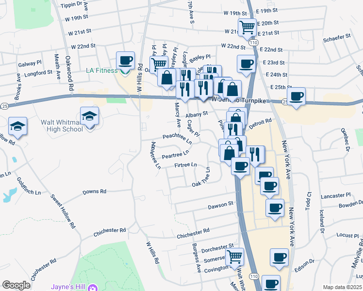 map of restaurants, bars, coffee shops, grocery stores, and more near 5 Elmtree Lane in Huntington Station