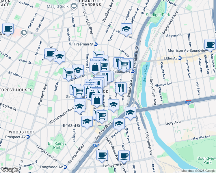 map of restaurants, bars, coffee shops, grocery stores, and more near 1122 Westchester Avenue in The Bronx