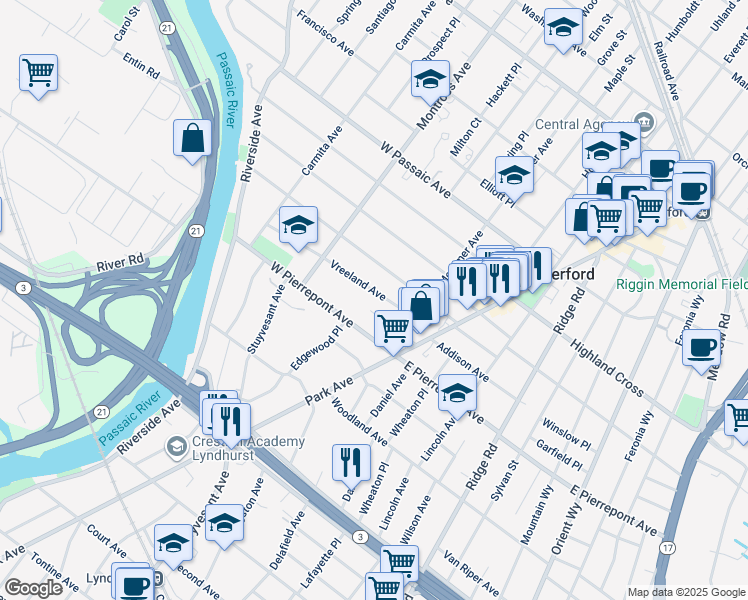map of restaurants, bars, coffee shops, grocery stores, and more near 59 Vreeland Avenue in Rutherford
